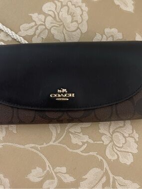 Coach Brown Signature Canvas Wallet with Black Leather Flap and Gold Logo
